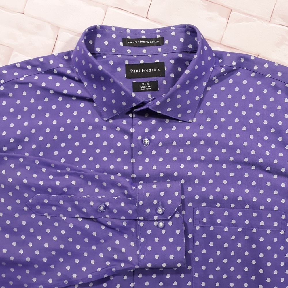 Paul Fredrick Shirt Mens 18 x 35 Purple Polka Dot Two Ply Cotton Non-Iron